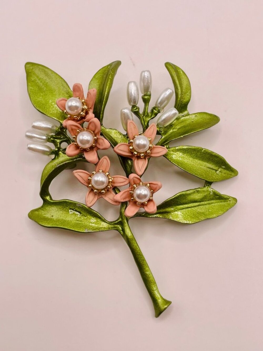 Floral Brooch Pink Enamel Flowers Faux Pearls & Green Metallic Leaves -103B